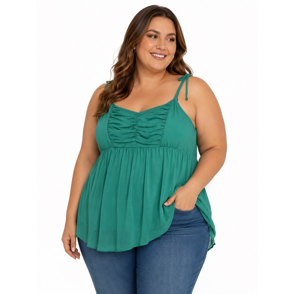 Torrid Emerald Green‎ Chiffon Babydoll Camisole Ruched Smocked Plus Size 4 4X